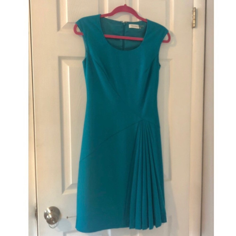 Calvin Klein Teal Kick Pleat Sheath Dress